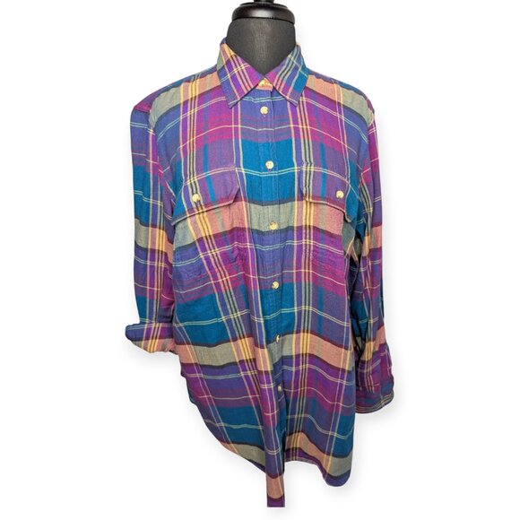 Chaps Vibrant Multicolor Plaid Button Front Long Sleeve Shirt Size 1X - Picture 3 of 13